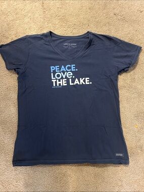 Life Is Good Navy V‑Neck Tee with Blue & White Lake Graphic